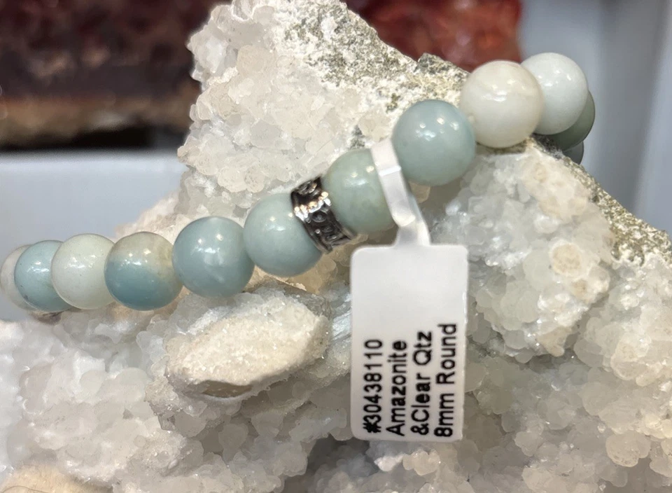 Pulseira redonda com berloque de moeda Amazonita e quartzo transparente 8 mm - Imagem 4 de 4