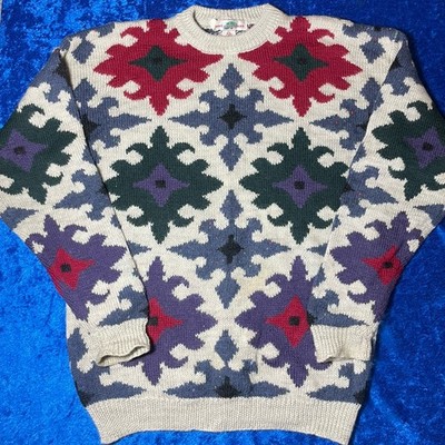 Vintage Boston Traders Wool Sweater Mens Medium Abstract Geometric Hand Knit