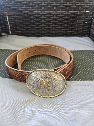 Vtg Montana Silversmiths Western Letter K Floral Buckle w/Brown Leather Belt V2 - Picture 2 of 11
