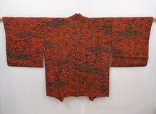 6216T12z640 Vintage Japanese Kimono Silk HAORI Flowers Orange-Red