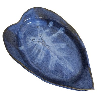 Handmade Studio Pottery Leaf Dish Blue Glazed Ceramic Tray Bowl Signed Art Plate