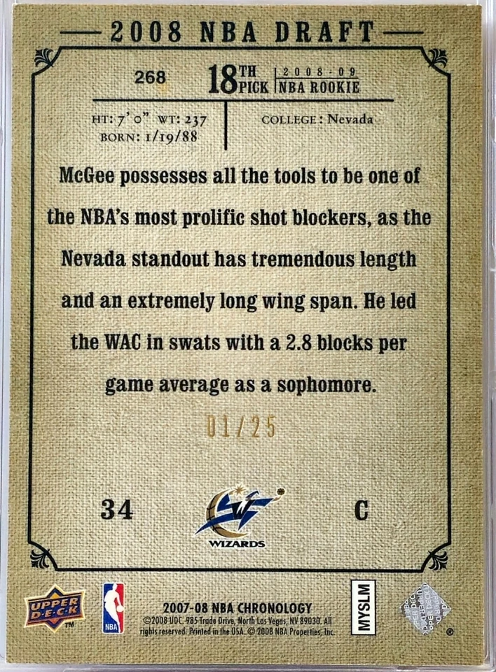 JaVale McGee 2007-08 Cronología 2008 NBA Draft Novato Redenciones Oro 1/25 #268 Foto 2 de 2