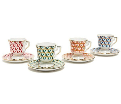 La DoubleJ 4er Set Cubi-Print Porzellan Espressotassen & Untertassen - Neu in OVP