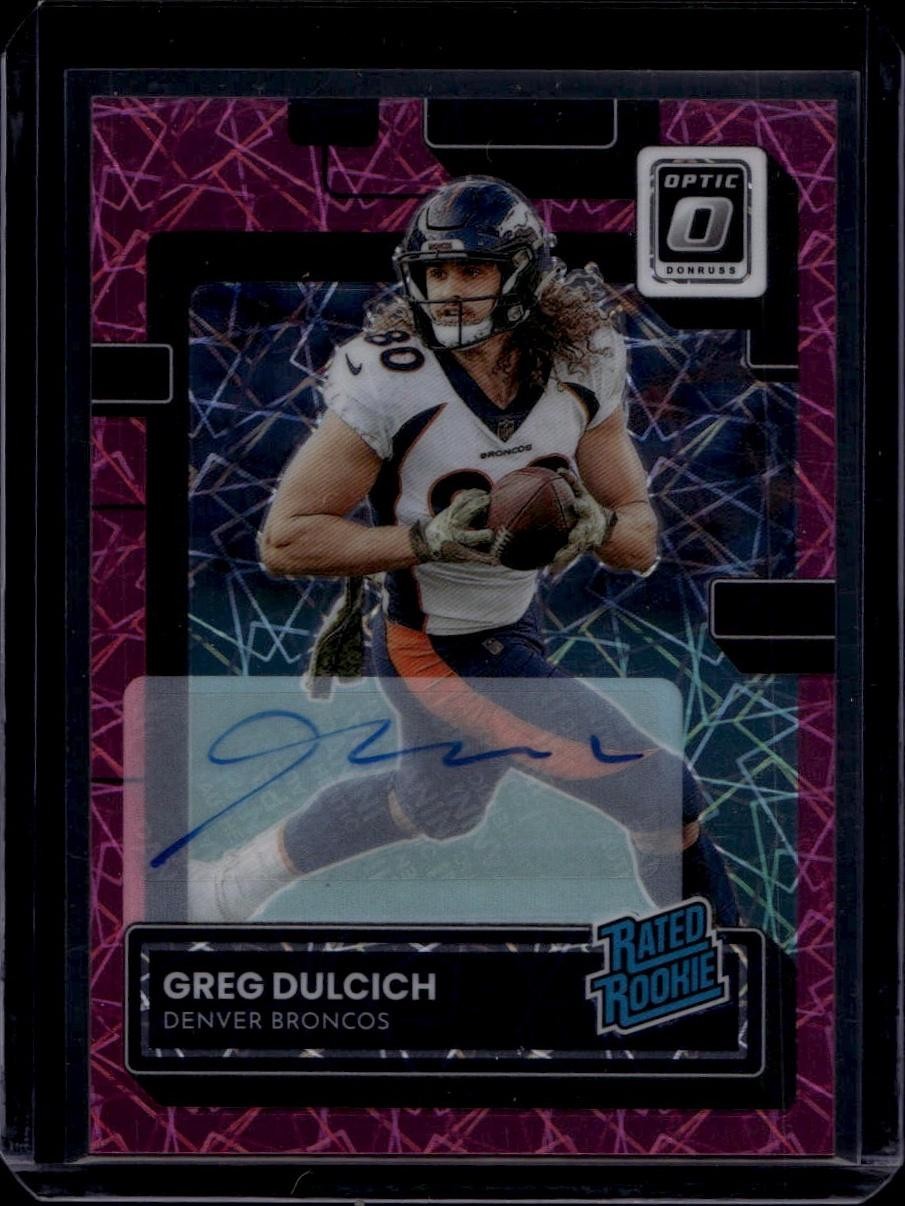 2022 Donruss Optic #288 Greg Dulcich Rated Rookies Autographs Pink Velocity #/50