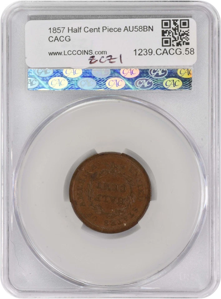 1857 Half Cent AU58BN CACG - Image 2 of 2
