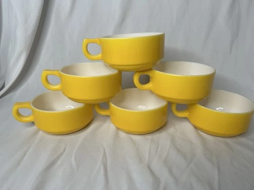 VTG Fire King D Handle Yellow Stackable Soup Mug Bowl Anchor Hocking 5” Set Of 6