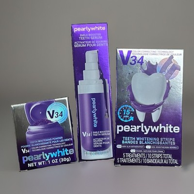 3 Pc Pearly White V34 Teeth Whitening Kit Powder Serum Strips NEW