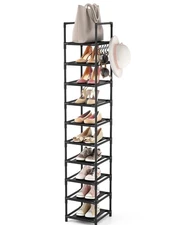 LANTEFUL Tall 10-Tier Shoe Shelf, Narrow Rack; Black Metal & Fabric, 2 Available