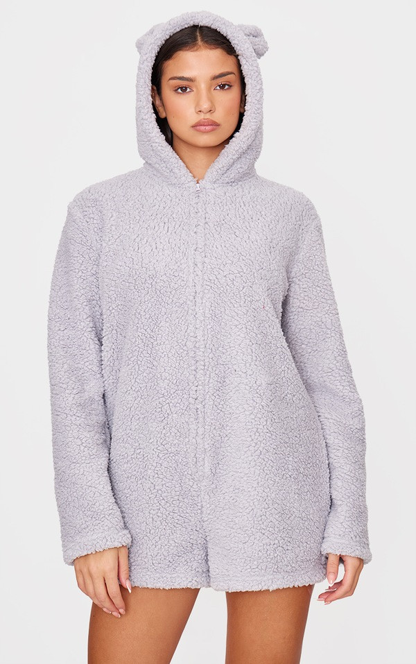 PRETTYLITTLETHING Mono Con Capucha De Forro Polar Gris UK XS