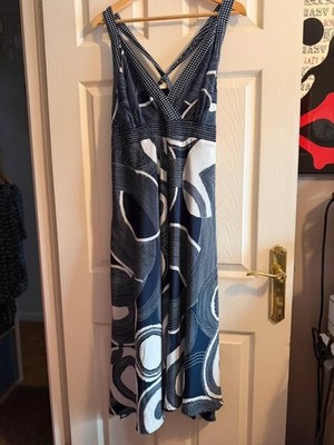 Monsoon Midi Navy & White Geometric Print Sundress UK 18 Summer Dress