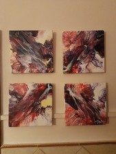 Set di quattro dipinti astratti in acrilico versato firmati con garanzia