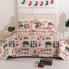 3-Piece Christmas Quilt Set Size Cozy Xmas Snowman Reindeer elk King Beige Red