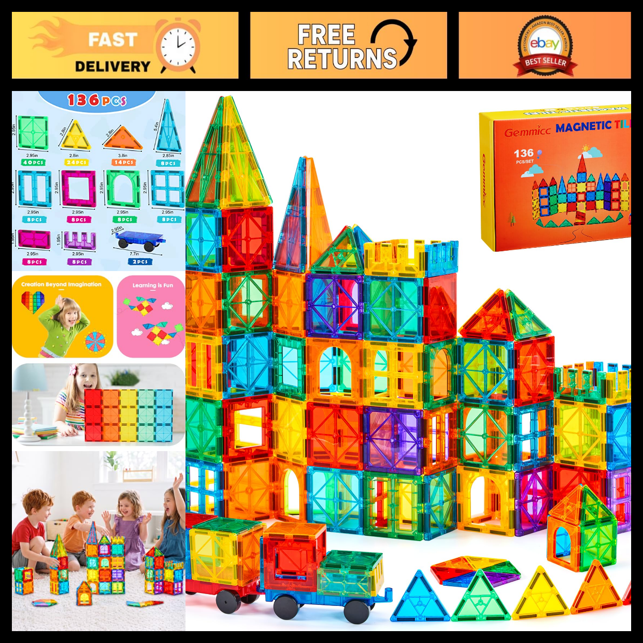136 PCS Magnetic Building Tiles Set for Kids - Includes 2 Cars, STEM ...