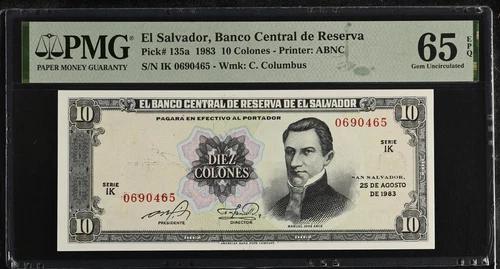 EL SALVADOR 10 COLONES 1983 p135a SERIE IK NGC 65 GEM UNC EPQ