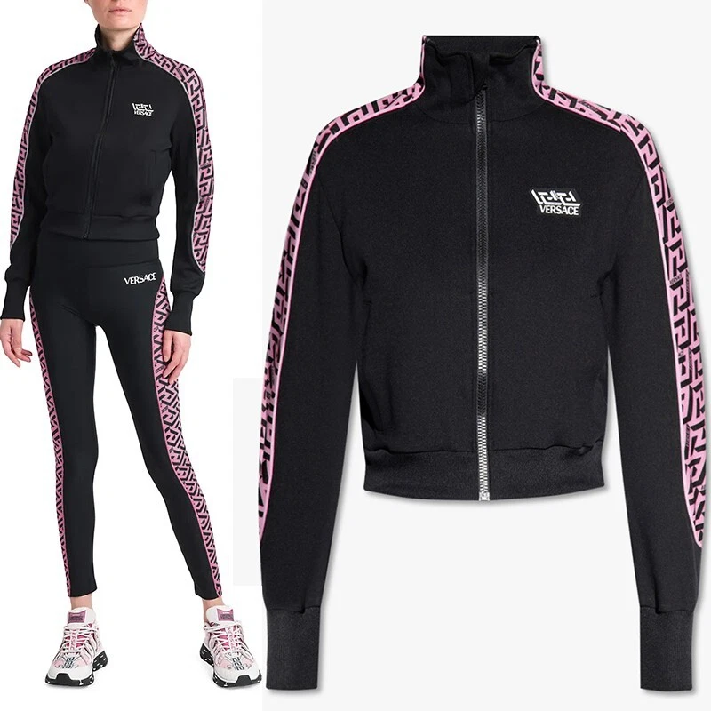 Versace — sz 2 US S NEW $925 VERSACE Black PINK LA GRECA LOGO Monogram Zip SPORTY JACKET