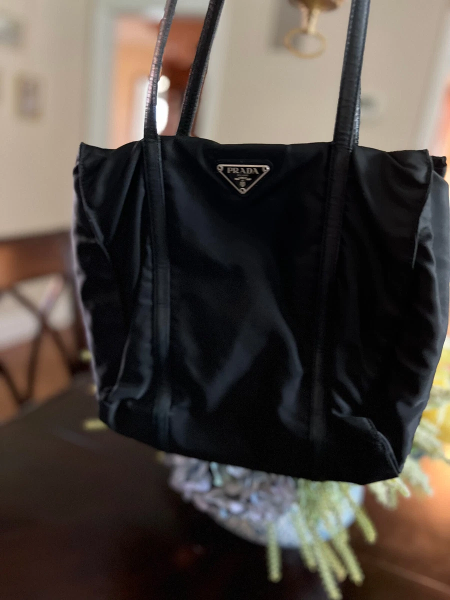 Vintage Prada Shoulder Bag, black on black, medium well loved.