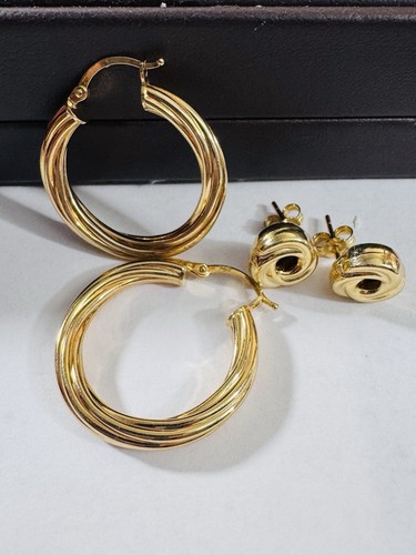 18K 750 Fine Real Gold Women’s Earring 2 Set of Hoop Loop & Stud Earrings 6.7g - Picture 15 of 23