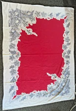 Vintage Bright Floral Printed Linen Tablecloth Red w/ Grapevines 50" x64"