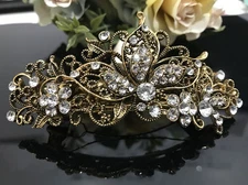 Antique Gold Tone Rhinestone clear crystal metal Hair Clip Barrette 180117