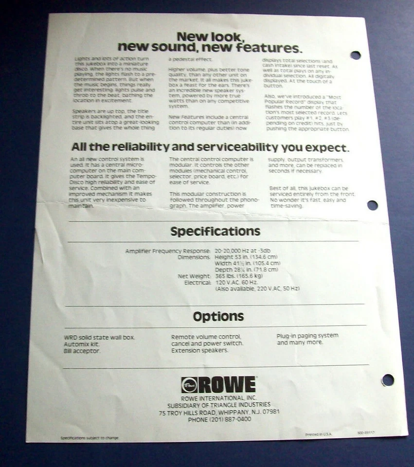 Rowe Tempo Disco Model R-84 Jukebox FLYER Original 1980 Phonograph Music Artwork - Image 2 of 2