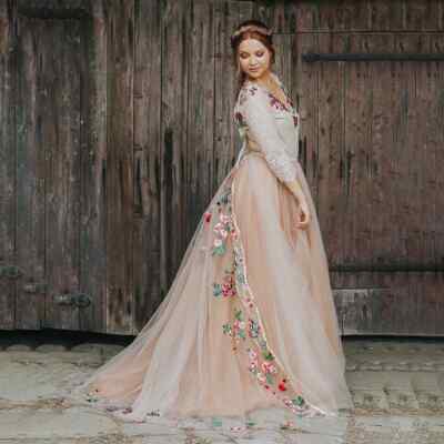 Princess Embroidered Fairy Wedding Dresses V Neck Lace Backless Bridal Gowns-  | eBay