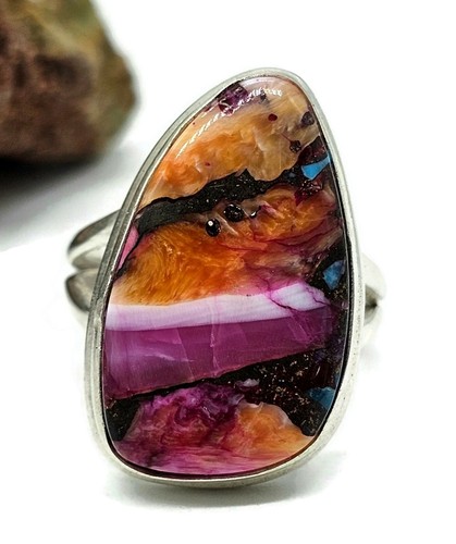 Oyster Turquoise & Pink Opal Ring, Size Q, Sterling Silver, Copper Turquoise - Picture 4 of 7
