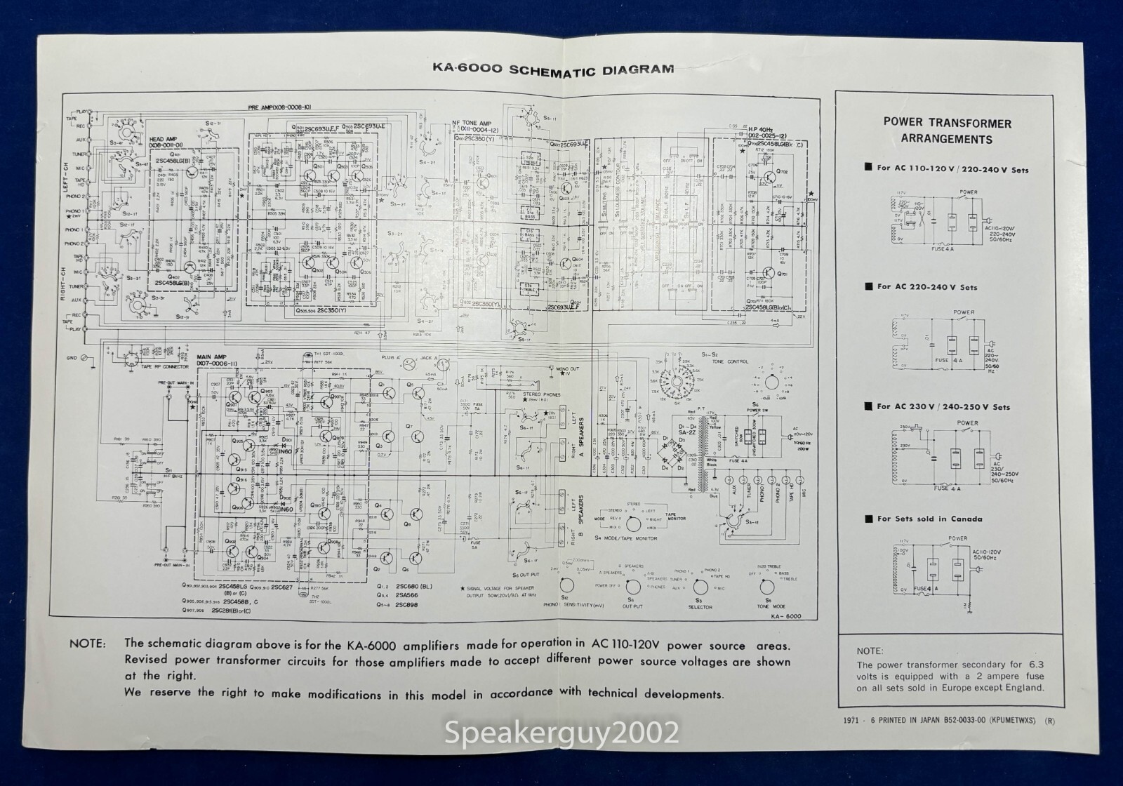 Original Kenwood KA-6000 Amplifier Foldout Schematic