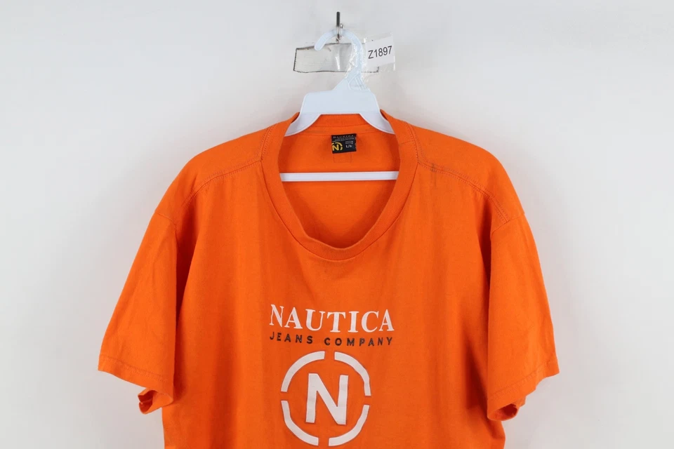 Camiseta masculina manga curta vintage anos 90 náutica grande desgastada soletrar logotipo grande - Imagem 2 de 4