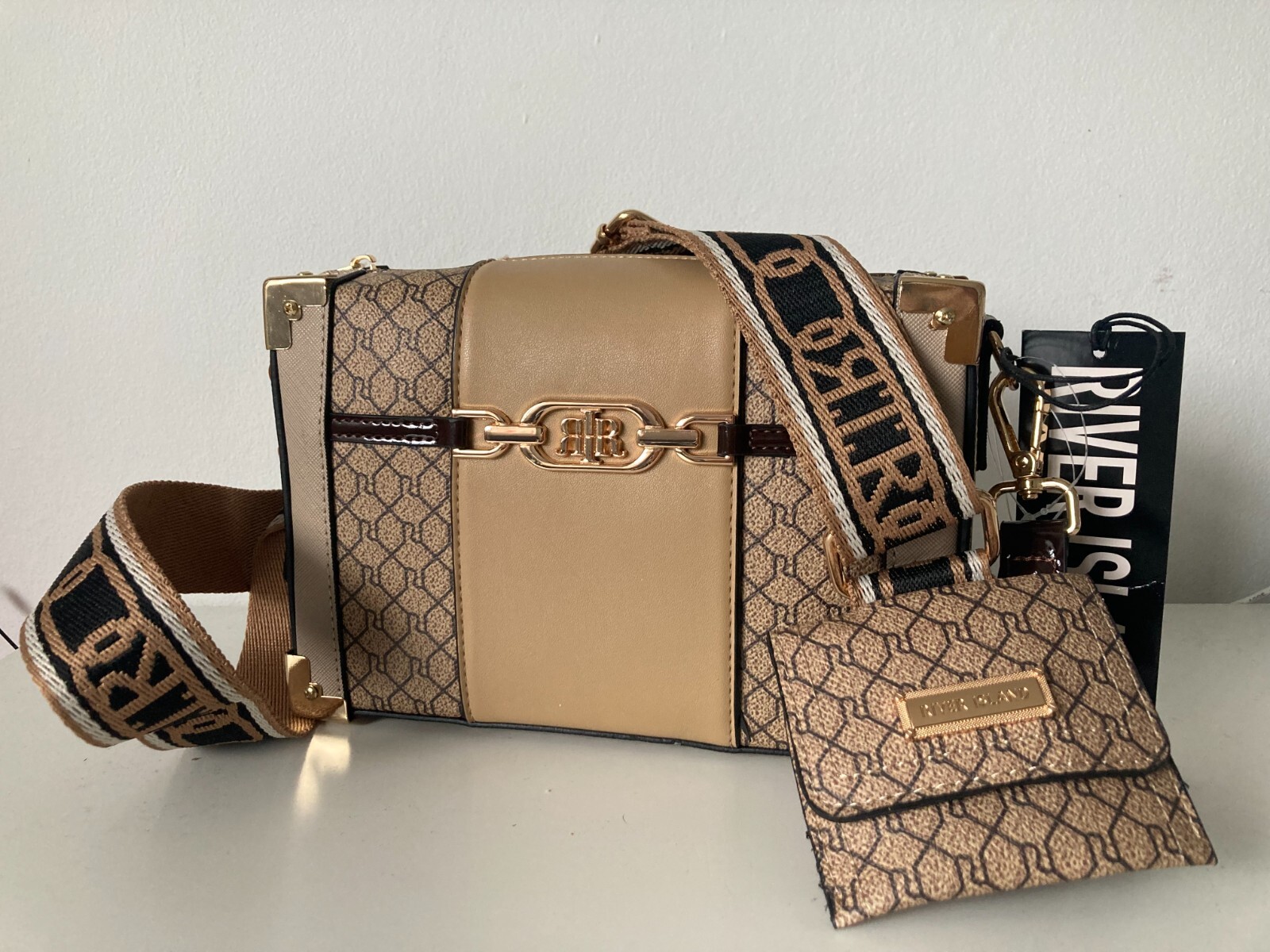 River Island Cross Body Bag Brown Ri Monogram over the shoulder new