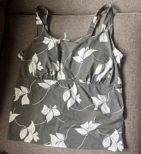 Lands' End Square Neck Tankini Top Dark Taupe/Eggshell Floral 20W Swim Clhlorine - 第 1/17 張圖片