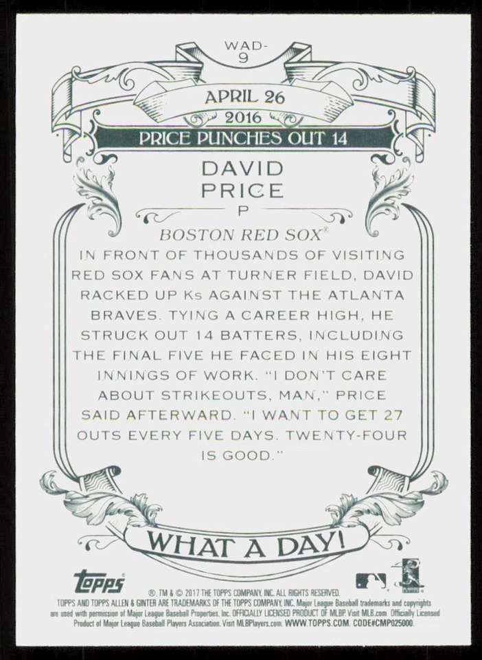 2017 Topps Allen & Ginter What a Day! David Price #WAD-9 - Image 2 of 2