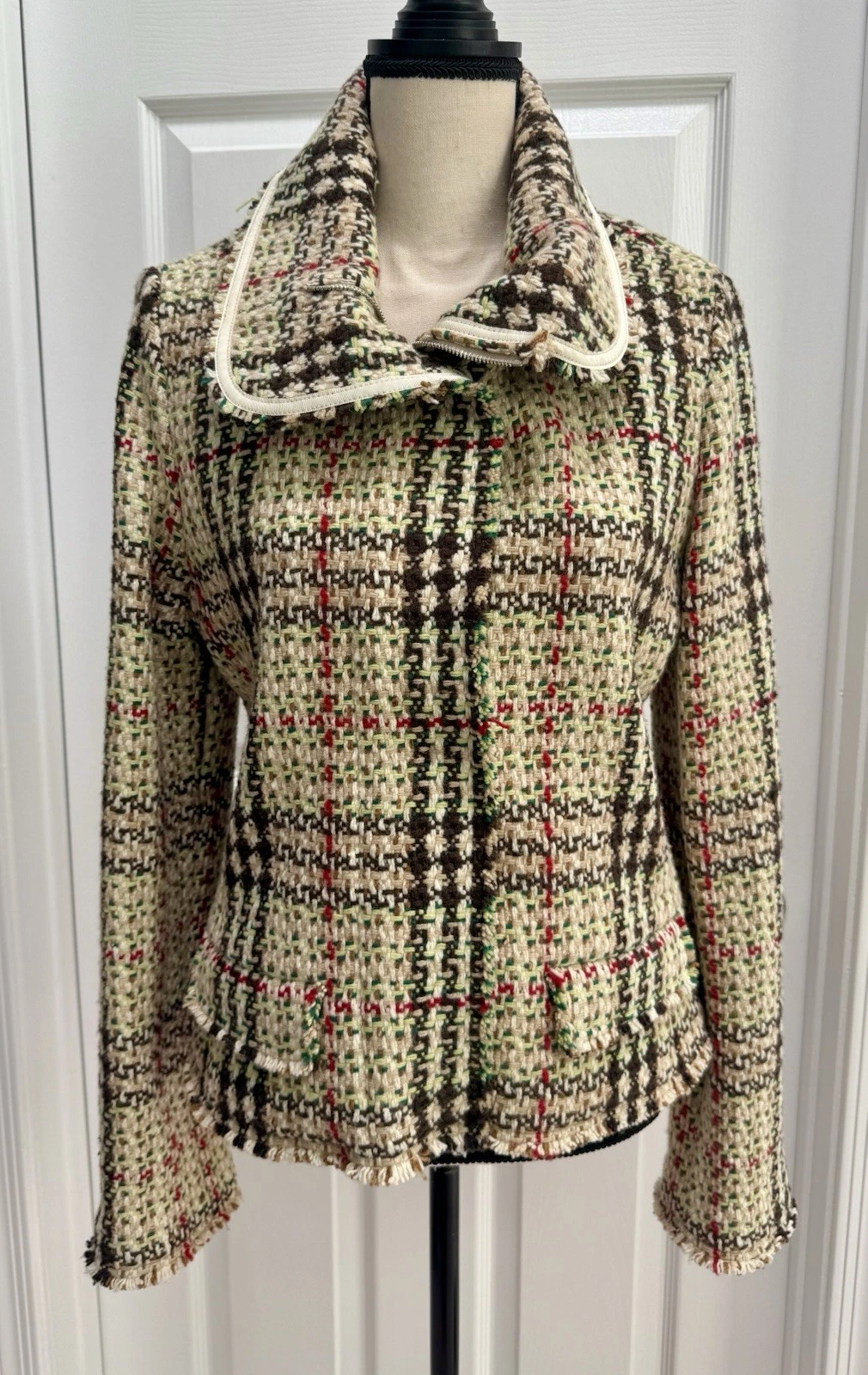 Burberry — Burberry London Womens Plaid Beige & Multicolor Wool Cashmere  Jacket Size US 12