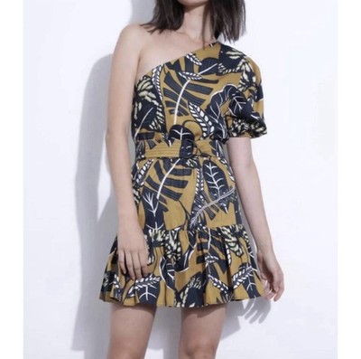 Karina Grimaldi Antonella Printed Mini Dress Size S In Selva One Shoulder Belted
