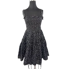 ASOS Black White Fit & Flare Dress Polka Dot Smocked Raw Cut Edges Pullover Sz 8