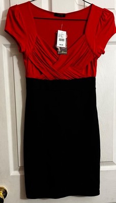 NWT Soprano Red & Black Cap Sleeve Plunge V Neck Stretch Dress Women s Medium