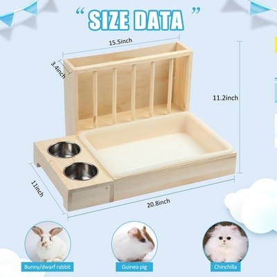 3 in 1 Rabbit Hay Feeder with Litter Box, Wood, Mess Proof, for