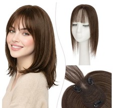 Dark Brown Human Hair Topper Wispy Bangs Hand-tied Lace Front 14"
