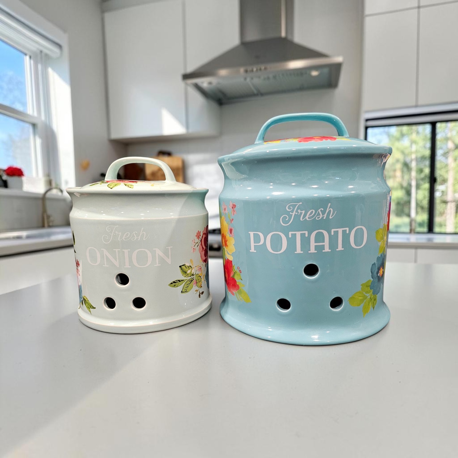 The Pioneer Woman Fresh Potato & Onion Keeper Jars “Breezy Blossoms” Stoneware