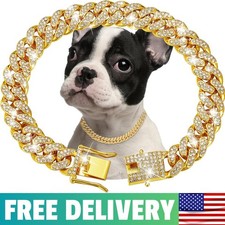 Gold Dog Chain Collar Diamond Cuban Link Dog Collar 13mm Wide Dog Necklace Metal