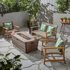 Airyanna Outdoor 4-Seater Wood and Wicker Chat Set with Fire Pit