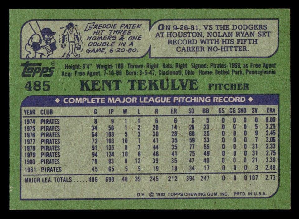 1982 Topps 485 Kent Tekulve Card Pittsburgh Pirates eBay