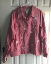 The Quacker Factory Red Gingham Embroidered Daisy Womens Jacket Large