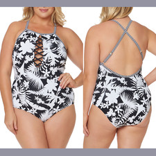 NEW Bleu Rod Beattie  16W  Tropical Oasis One Piece Swimsuit Black White T872