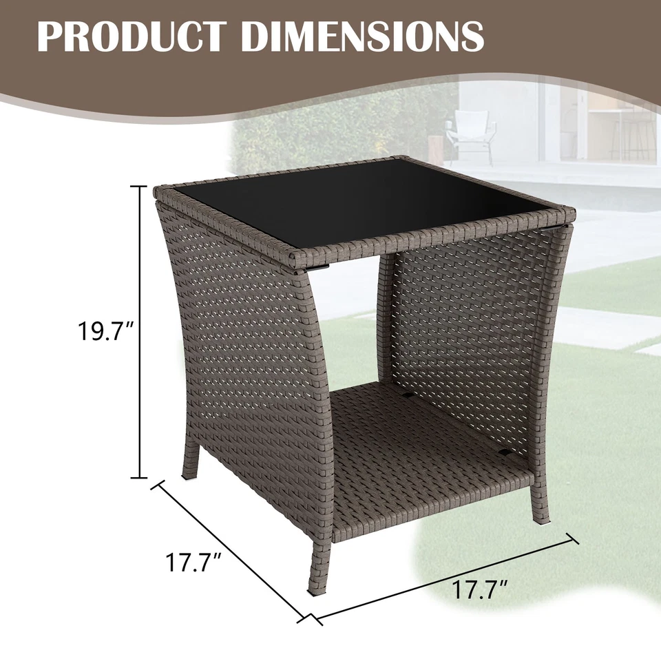 Mesa auxiliar de patio de mimbre para exteriores con tapa de vidrio templado, color sésamo Foto 2 de 4