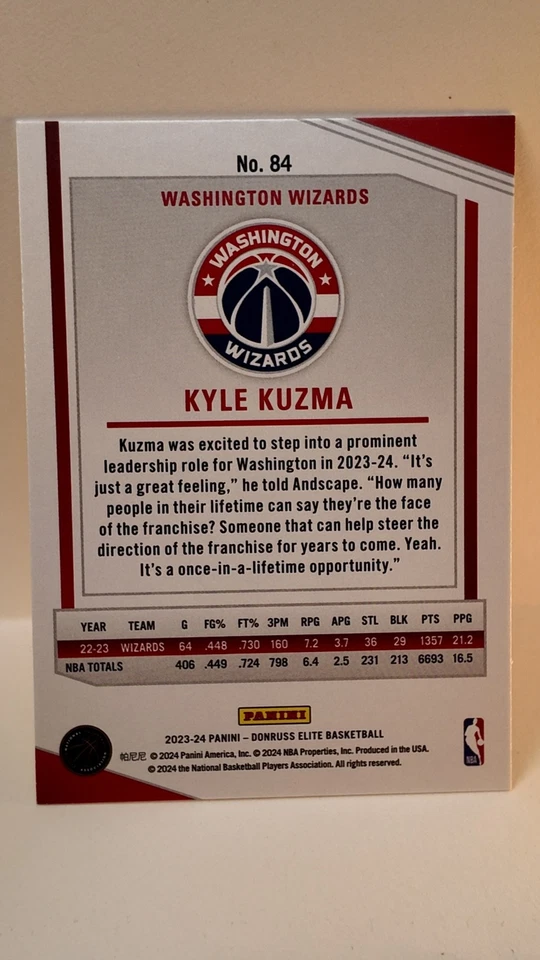 Kyle Kuzma 2023-24 Donruss Elite Basketball Holo Base Card#84 Washington Wizards - Image 2 of 2