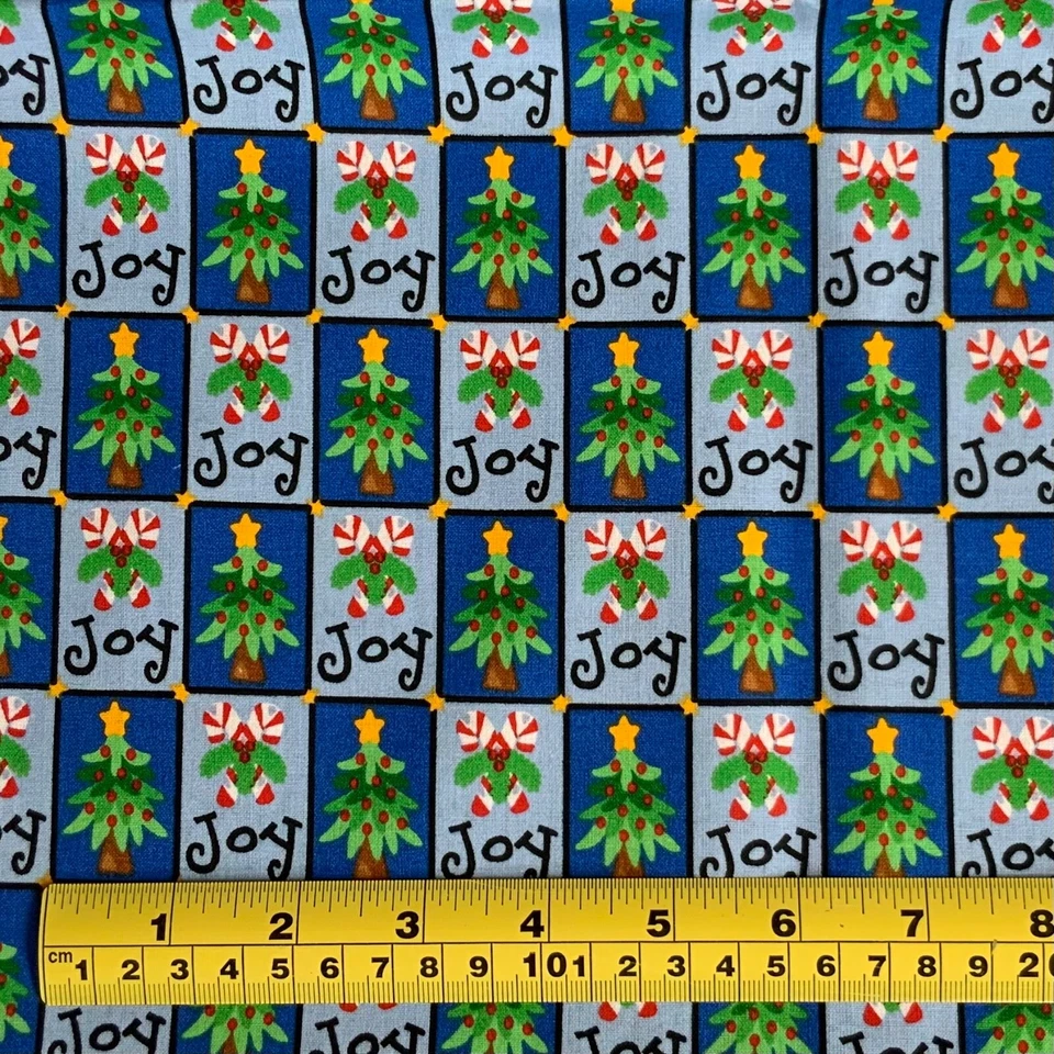 Fabric Christmas Print Trenas Peace Joy Candy Canes Trees Blue Green 2 yd - Image 2 of 3