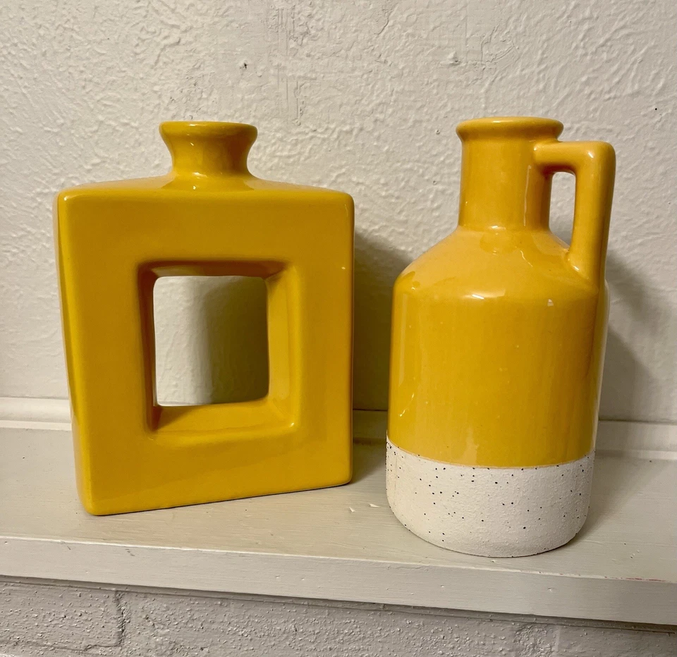 Juego de 2 jarrones cuadrados de cerámica amarilla rústica decoración del hogar minimalista nórdico boho Foto 3 de 4