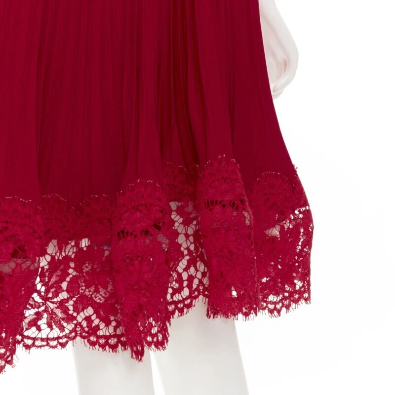 Abito da cocktail VALENTINO rosso floreale pizzo coltello gonna plissettata IT38 XS