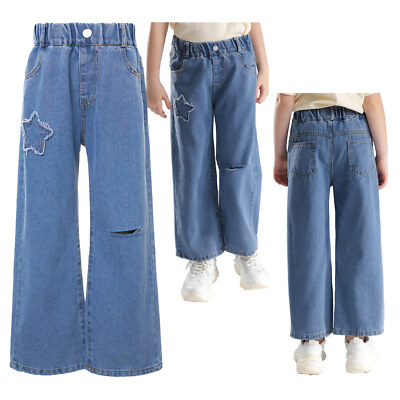 Kids Girls Trousers Dance Jeans Elastic Waistband Sweatpants Basic Denim Pants