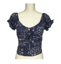 So Good For Life Cropped Top Off Shoulder Large Blue White Floral Peasant Boho